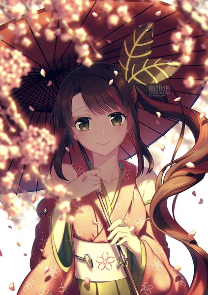 Anime picture 750x1064 with original rosuuri single long hair tall image looking at viewer blush fringe smile brown hair white background bare shoulders holding green eyes signed payot outdoors blunt bangs traditional clothes head tilt