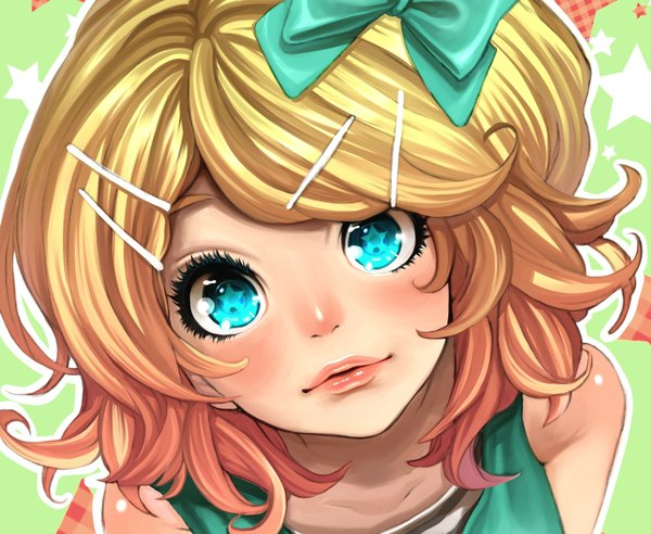 Anime picture 1920x1576 with vocaloid kagamine rin looking at viewer blush highres short hair blue eyes blonde hair bare shoulders light smile from above lips close-up face girl hair ornament bow hair bow hairclip star (symbol)