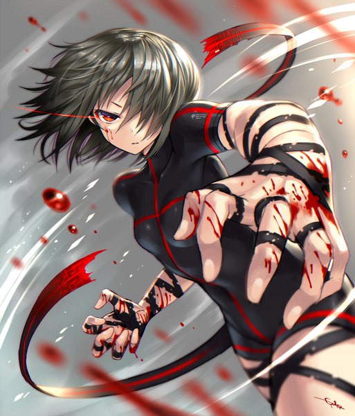Anime picture 1000x1169 with original gia tall image looking at viewer fringe short hair light erotic red eyes brown hair standing signed hair over one eye grey background glowing glowing eye (eyes) blood on face ribbon (ribbons) blood bodysuit bandage (bandages)
