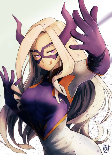 Anime picture 939x1300 with boku no hero academia studio bones mount lady stefv single long hair tall image simple background blonde hair purple eyes signed upper body horn (horns) :p fighting stance superhero girl gloves tongue bodysuit