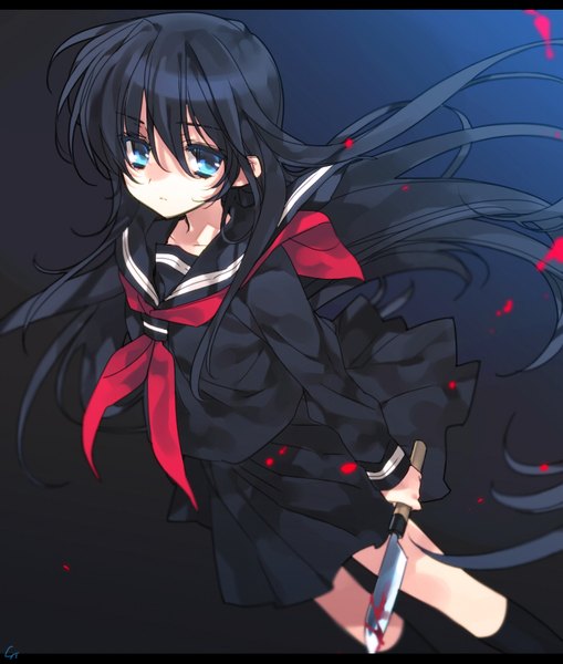Anime picture 700x824 with toujou sakana single tall image looking at viewer fringe blue eyes black hair simple background standing long sleeves very long hair pleated skirt gradient background girl skirt uniform weapon serafuku blood knife
