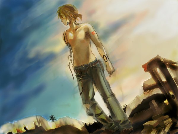 Anime picture 1688x1266 with vocaloid kagamine len ura hanabi single short hair blonde hair twintails profile from below tattoo torn clothes topless ruins amputee boy belt wire (wires) jeans robot android