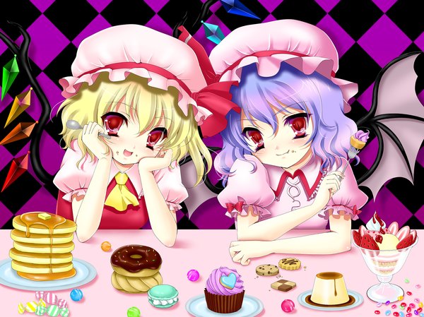 Anime picture 1550x1160 with touhou flandre scarlet remilia scarlet momose rin looking at viewer blush fringe short hair blonde hair smile hair between eyes red eyes multiple girls purple hair loli siblings bat wings checkered chin rest sisters