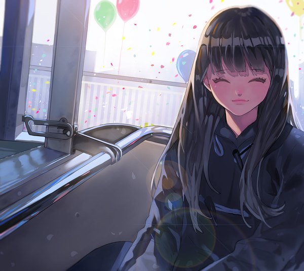 Anime picture 2000x1784 with original arutera single long hair highres black hair sitting eyes closed light smile girl coat confetti balloon