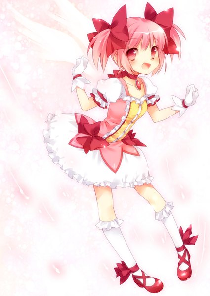 Anime picture 941x1329 with mahou shoujo madoka magica shaft (studio) kaname madoka ech single tall image looking at viewer blush short hair open mouth twintails pink hair :d pink eyes short twintails angel wings girl dress gloves bow