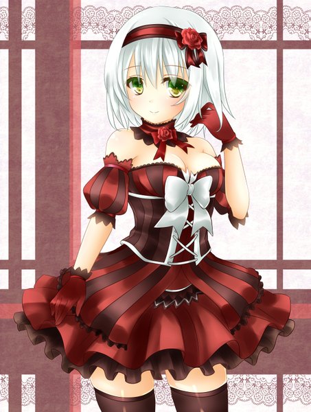 Anime picture 1158x1531 with original miko (royal milk) single tall image short hair breasts green eyes white hair zettai ryouiki girl thighhighs dress gloves black thighhighs frills hairband