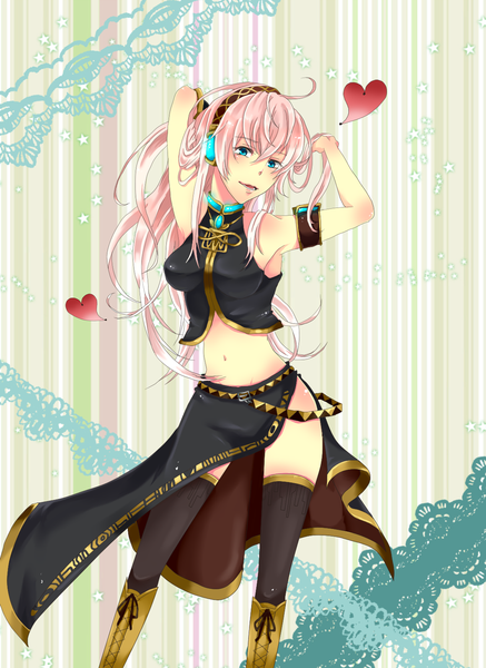 Anime picture 1123x1541 with vocaloid megurine luka tyuuko single long hair tall image blue eyes pink hair ahoge midriff girl thighhighs navel boots