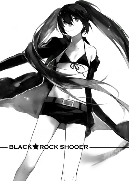 Anime picture 1000x1399 with black rock shooter black rock shooter (character) cotta single long hair tall image fringe black hair simple background standing white background twintails bare shoulders off shoulder inscription grey eyes monochrome girl navel shorts
