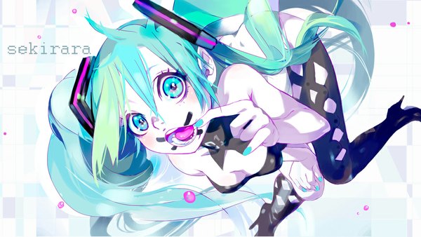 Anime picture 1000x564 with vocaloid hatsune miku temoshi (artist) single looking at viewer fringe breasts open mouth blue eyes light erotic wide image twintails ahoge ass very long hair nail polish fingernails aqua hair teeth high heels