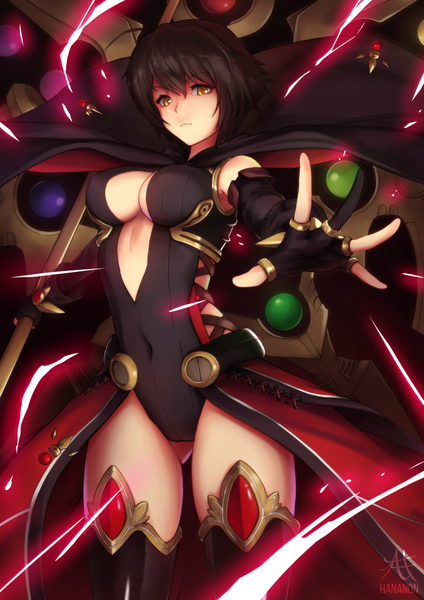 Anime picture 744x1052 with original thousand characters project (hananon) chloe (thousand characters project) hananon single tall image looking at viewer fringe short hair breasts light erotic black hair large breasts yellow eyes no bra outstretched arm girl navel suit