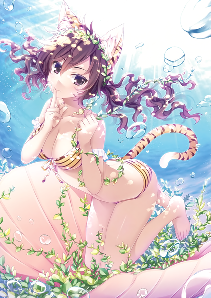 Anime picture 1960x2775 with comic toranoana alpha (yukai na nakamatachi) single long hair tall image blush fringe highres breasts light erotic brown hair twintails animal ears looking away tail parted lips animal tail sunlight low twintails finger to mouth