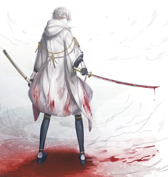 Anime picture 1425x1500 with touken ranbu nitroplus tsurumaru kuninaga abandon ranka single tall image looking at viewer short hair white background yellow eyes silver hair traditional clothes japanese clothes profile looking back from behind bloody clothes bloody weapon boy gloves