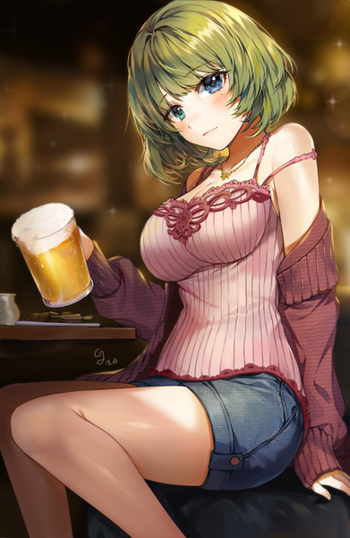 Anime picture 666x1022 with idolmaster idolmaster cinderella girls takagaki kaede gijang single tall image looking at viewer blush fringe short hair breasts blue eyes smile sitting bare shoulders holding signed cleavage green hair blurry
