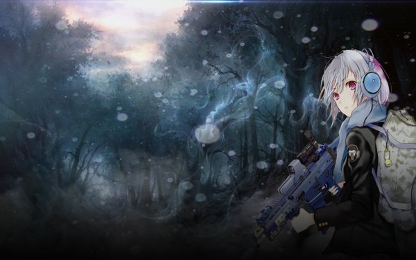 Anime picture 1440x900 with original syncspace single looking at viewer short hair red eyes wide image grey hair girl plant (plants) tree (trees) headphones scarf gun school bag assault rifle
