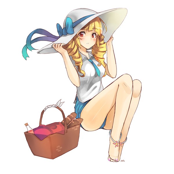 Anime picture 1000x1000 with dungeon and fighter mage (dungeon and fighter) nellen single long hair blush fringe simple background blonde hair red eyes white background bent knee (knees) legs girl hat necktie shorts short shorts basket