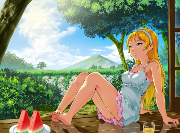Anime picture 1200x884 with original oden single long hair fringe breasts blue eyes blonde hair sitting bare shoulders looking away sky cloud (clouds) barefoot sunlight bare legs no shoes reflection mountain landscape