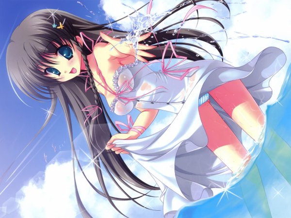 Anime picture 2560x1920 with highres open mouth blue eyes light erotic black hair pantyshot girl dress ribbon (ribbons) water white dress splashes