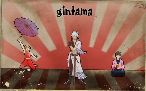 Anime picture 1920x1200 with gintama sunrise (studio) sakata gintoki kagura (gintama) shimura shinpachi highres short hair open mouth blue eyes smile brown hair wide image sitting bare shoulders brown eyes signed silver hair red hair japanese clothes off shoulder