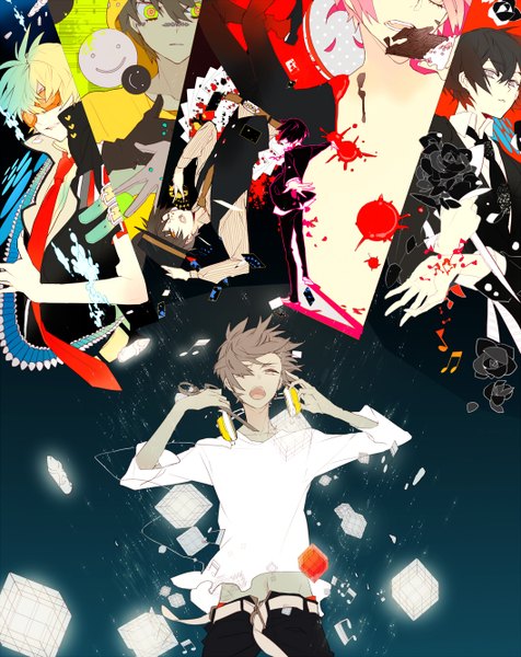 Anime picture 1058x1334 with suou tall image fringe short hair open mouth black hair blonde hair green eyes pink hair eyes closed hair over one eye orange hair grey eyes casual music boy gloves shirt petals choker