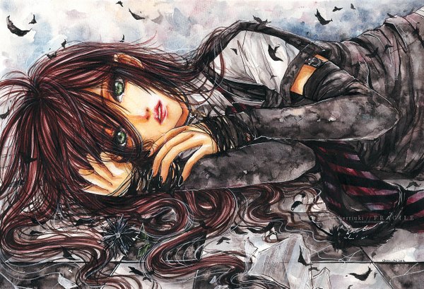 Anime picture 1364x931 with original cherriuki single long hair looking at viewer open mouth brown hair green eyes nail polish red lipstick checkered floor checkered girl detached sleeves debris
