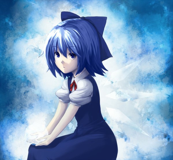 Anime picture 1080x1000 with touhou cirno hiroya juuren (artist) looking at viewer short hair blue eyes sitting blue hair magic blue background girl bow hair bow wings