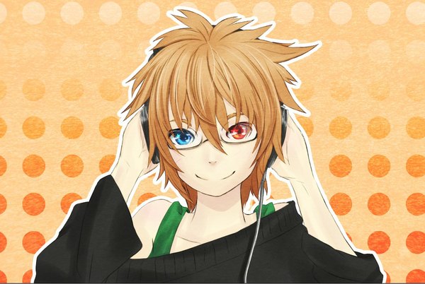 Anime picture 1072x719 with original supana0307 single looking at viewer short hair smile brown hair heterochromia boy glasses headphones sweater