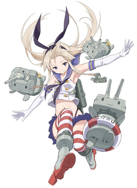 Anime picture 733x1000 with kantai collection shimakaze destroyer rensouhou-chan mofu long hair tall image looking at viewer blush simple background blonde hair smile white background full body grey eyes zettai ryouiki spread arms jumping :3 :> girl