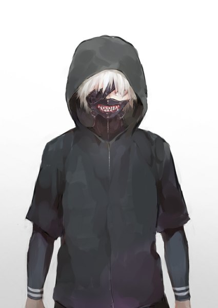 Anime picture 738x1041 with tokyo ghoul studio pierrot kaneki ken fuurin single tall image fringe standing white hair hair over one eye boy hood mask eyepatch hoodie zipper