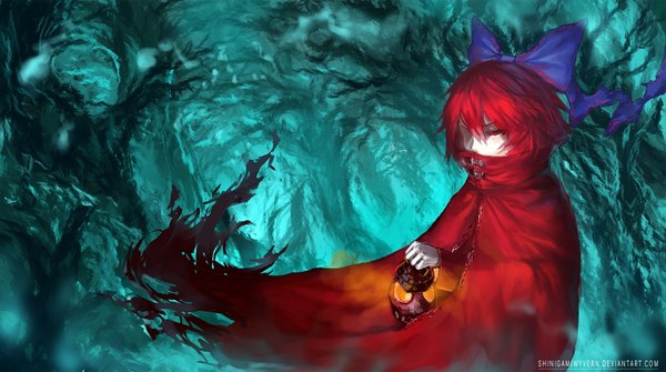 Anime picture 1500x838 with touhou sekibanki shinigamiwyvern single fringe short hair red eyes wide image red hair hair over one eye pale skin nature girl bow ribbon (ribbons) plant (plants) hair ribbon tree (trees) cape cloak