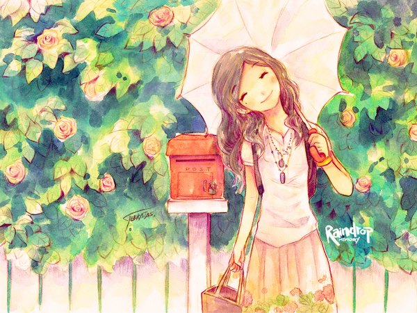 Anime picture 1600x1200 with original story-of-kim (artist) single long hair smile brown hair eyes closed morning girl skirt flower (flowers) plant (plants) tree (trees) leaf (leaves) umbrella jewelry