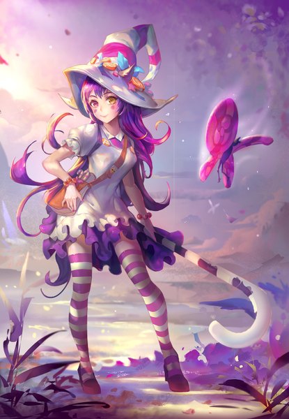 Anime picture 1000x1446 with league of legends lulu (league of legends) bittersweet lulu rabbit (tukenitian) single tall image looking at viewer fringe smile standing yellow eyes purple hair very long hair pink eyes heterochromia eyebrows girl thighhighs dress hat