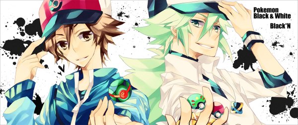 Anime picture 1492x630 with pokemon pokemon black and white nintendo n (pokemon) hilbert (pokemon) long hair short hair simple background smile brown hair wide image brown eyes yellow eyes green hair multiple boys adjusting hat boy 2 boys flat cap wristlet