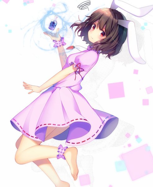 Anime picture 740x900 with touhou inaba tewi koto seori single tall image looking at viewer blush fringe short hair red eyes brown hair animal ears barefoot bunny ears puffy sleeves girl dress pendant wrist cuffs pink dress