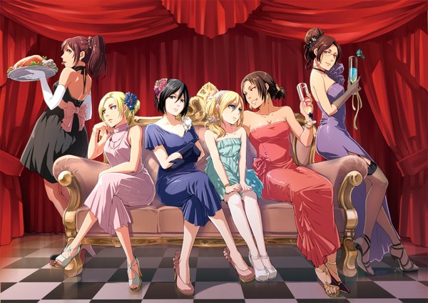 Anime picture 1650x1167 with shingeki no kyojin production i.g mikasa ackerman annie leonhart krista lenz sasha blouse ymir (shingeki no kyojin) hange zoe null (chronix) long hair short hair blue eyes black hair blonde hair brown hair sitting bare shoulders multiple girls brown eyes black eyes