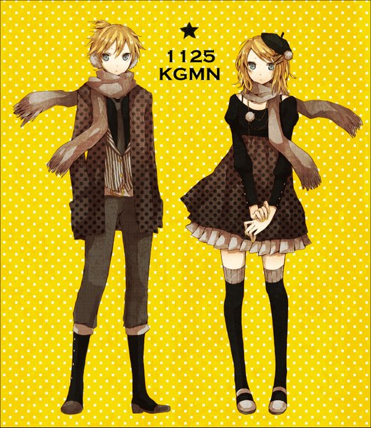 Anime picture 1228x1417 with vocaloid kagamine rin kagamine len tall image short hair blonde hair grey eyes polka dot yellow background polka dot background girl thighhighs dress hair ornament black thighhighs necktie jacket hairclip scarf pants