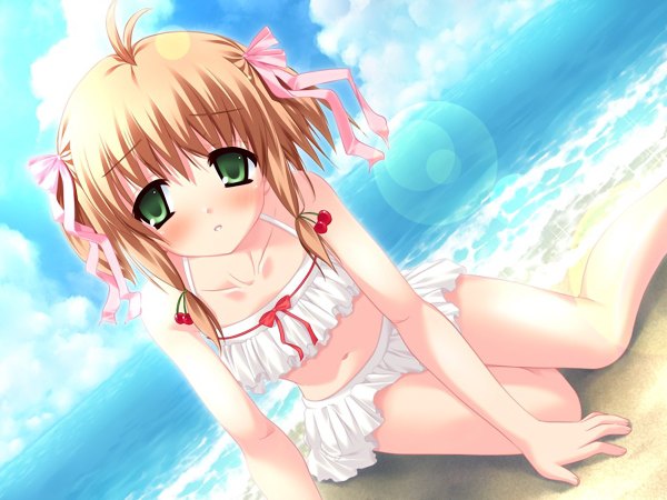 Anime picture 1200x900 with fair child hinamori kokoro single looking at viewer short hair blonde hair twintails green eyes game cg loli beach lolita fashion girl ribbon (ribbons) swimsuit water food sea berry (berries) cherry