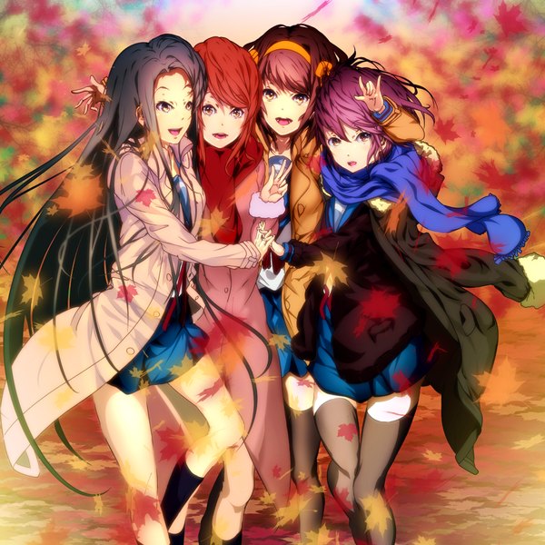 Anime picture 2048x2048 with suzumiya haruhi no yuutsu kyoto animation suzumiya haruhi nagato yuki asahina mikuru asakura ryouko furisode (pixilvina) long hair highres short hair open mouth black hair brown hair purple eyes multiple girls brown eyes purple hair girl thighhighs uniform