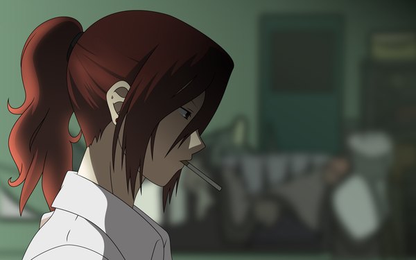 Anime picture 1680x1050 with kara no kyoukai type-moon aozaki touko single long hair red eyes wide image holding ponytail red hair profile sunlight mouth hold close-up girl earrings shirt white shirt cigarette