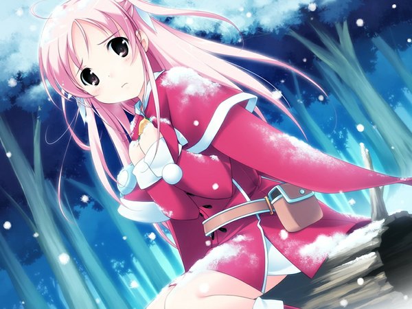 Anime picture 1024x768 with shirokuma bell stars hoshina nanami long hair brown eyes pink hair game cg girl winter clothes fanny pack