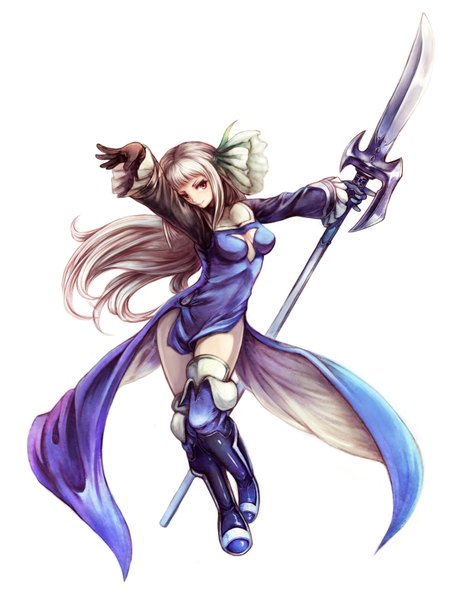 Anime picture 1335x1684 with bravely second magnolia arch shouma (bravespiritya) single long hair tall image fringe red eyes white background cleavage hair flower grey hair girl dress gloves hair ornament flower (flowers) weapon boots thigh boots