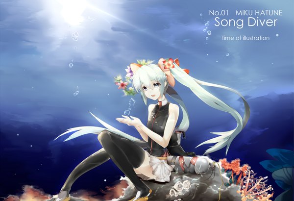 Anime picture 1754x1200 with vocaloid hatsune miku ekuesu single long hair highres open mouth blue eyes sitting twintails bare shoulders hair flower aqua hair underwater girl thighhighs skirt hair ornament flower (flowers) black thighhighs