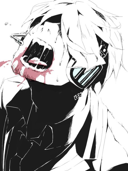 Anime picture 1200x1600 with one piece toei animation sanji urakata hajime single tall image short hair open mouth simple background white background white hair tattoo tears monochrome saliva crying hair over eyes boy shirt necktie