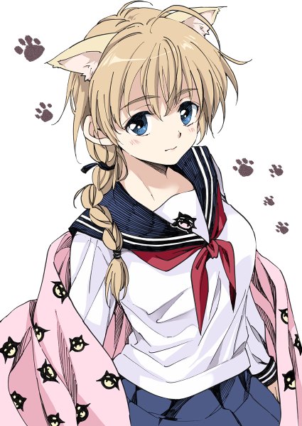 Anime picture 850x1200 with strike witches miyafuji yoshika lynette bishop agahari single long hair tall image looking at viewer blush blue eyes blonde hair simple background white background animal ears braid (braids) from above cat ears single braid footprints girl