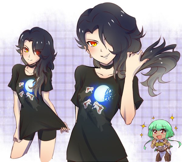 Anime picture 1280x1137 with rwby rooster teeth grimm cinder fall emerald sustrai iesupa long hair looking at viewer fringe open mouth black hair smile red eyes twintails multiple girls :d green hair hair over one eye dark skin dual persona