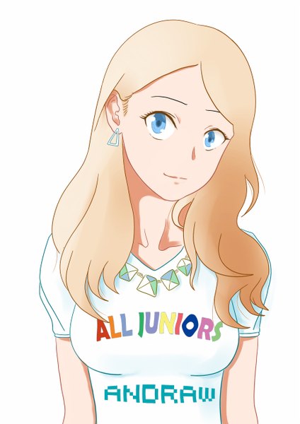 Anime picture 930x1316 with original yamauchi koen single long hair tall image looking at viewer breasts blue eyes simple background blonde hair white background upper body head tilt light smile inscription text english clothes writing girl earrings