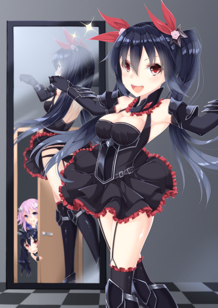 Anime picture 1300x1835 with choujigen game neptune noire neptune (choujigen game neptune) uni (choujigen game neptune) shikapiro tall image looking at viewer blush fringe short hair breasts open mouth light erotic black hair hair between eyes red eyes purple eyes twintails bare shoulders multiple girls