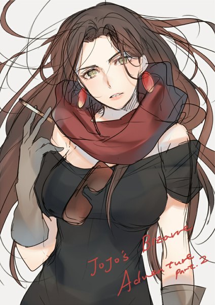 Anime picture 709x1003 with jojo no kimyou na bouken lisa lisa kippu single long hair tall image looking at viewer simple background brown hair brown eyes grey background sketch sunglasses removed girl dress gloves earrings scarf black dress sunglasses