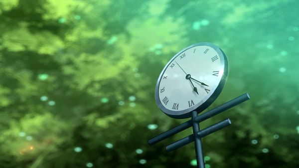 Anime picture 1920x1080 with original niko p highres wide image depth of field no people plant (plants) tree (trees) clock forest