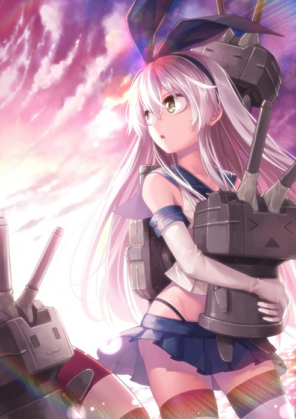 Anime picture 800x1131 with kantai collection shimakaze destroyer rensouhou-chan curry bowl long hair tall image fringe standing bare shoulders green eyes looking away cloud (clouds) white hair parted lips pleated skirt sunlight hug sunbeam girl thighhighs