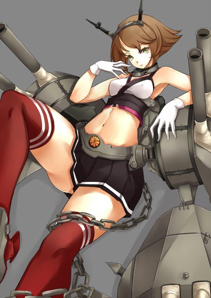 Anime picture 1002x1416 with kantai collection mutsu battleship asya single tall image short hair simple background brown hair sitting green eyes grey background bare belly midriff girl skirt gloves navel weapon miniskirt socks